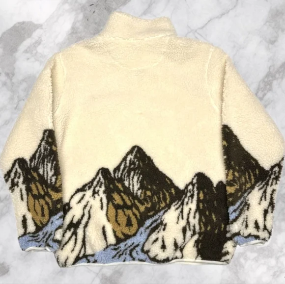 Vans Mens Medium/Womens 1/4 Zip Mountain Scene  Pullover Fleece White Sherpa - Picture 4 of 6